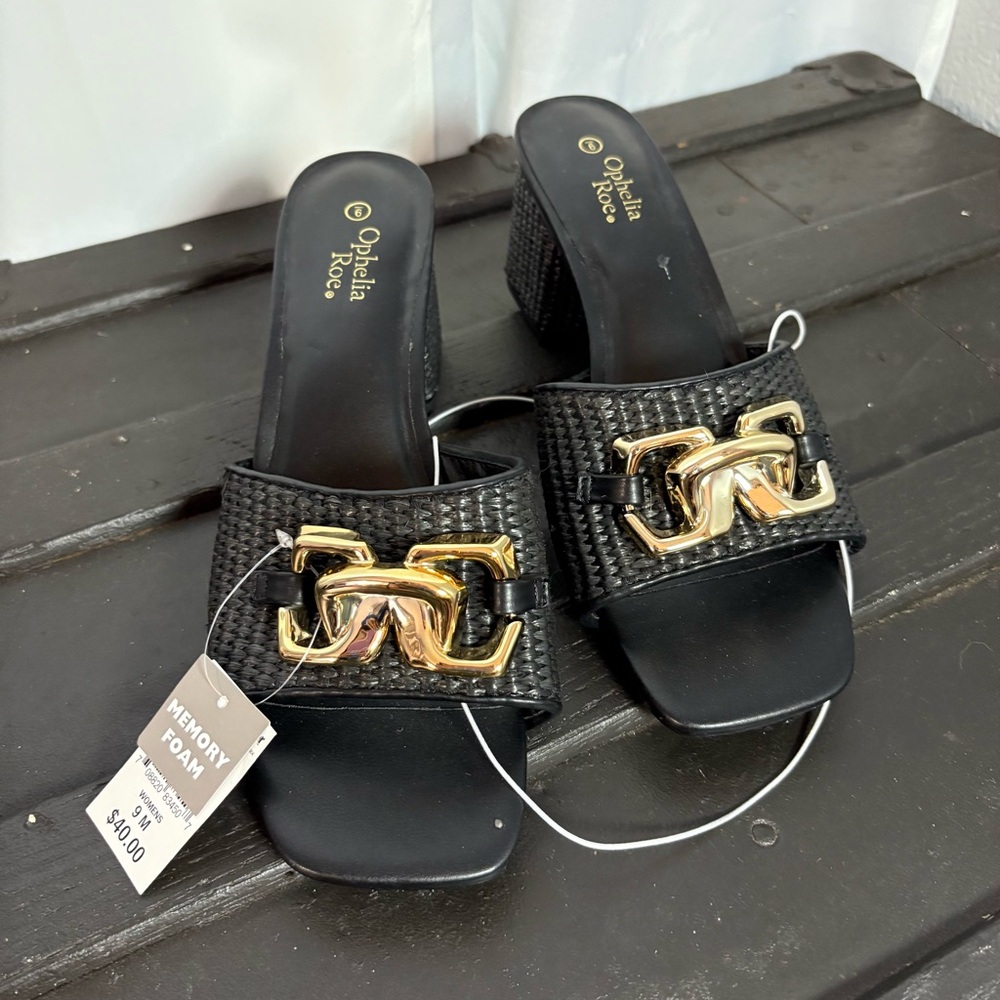 Ophelia Rose Black Slide Mules with Gold Chain Accent